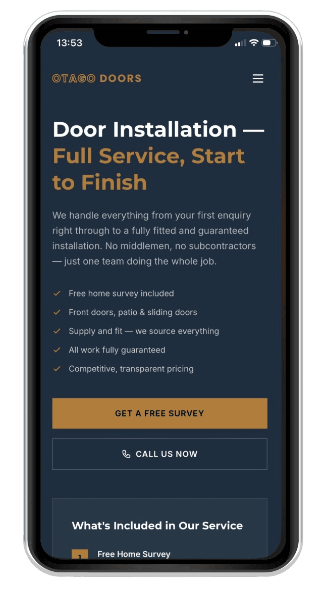 Otago Doors website on mobile